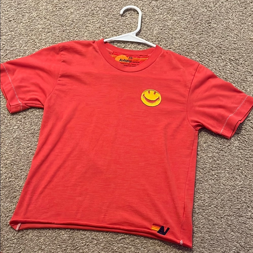 Aviator Nation Red and Yellow Smiley Face Short Sleeve Tee